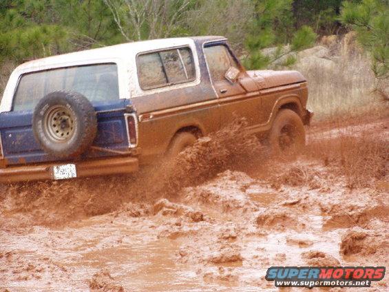 Brown and white Ford Bronco stuck in mud, rear tire visible on blue tailgate