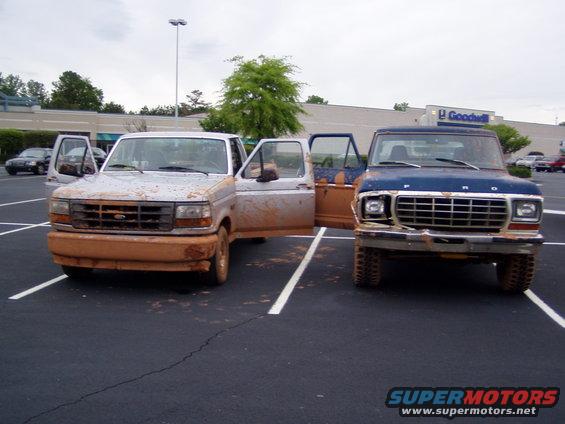 Front view of a blue 1978 Ford F-Series truck covered in mud