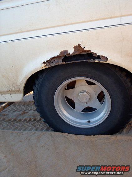 White 1991 Ford Bronco side view showing rusted wheel well and star-patterned wheel