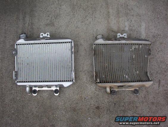 New radiator on the left, tweaked twisted yet leak-less radiator on the right.