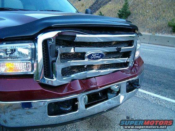 hpim1034.jpg Ouch! This happened in July '05 just after catching a large deer "straight on" (deer was running across the highway) at 50mph. Damage was extensive all the way back to the fan blade. Repair bill was $7000. Note the deer hairs impregnated in the grille. This accident happened in the B.C Rocly Mountains and we were hauling our 9500lb 5th wheel trailer!