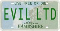 New Hampshire license plate that says EVIL LTD