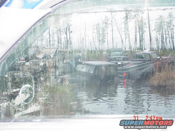 Several off-road vehicles submerged in water with trees in the background