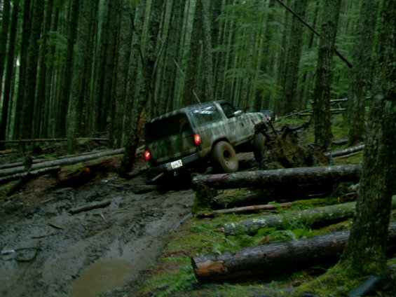 1987 Ford Bronco II navigating a muddy forest trail with fallen trees