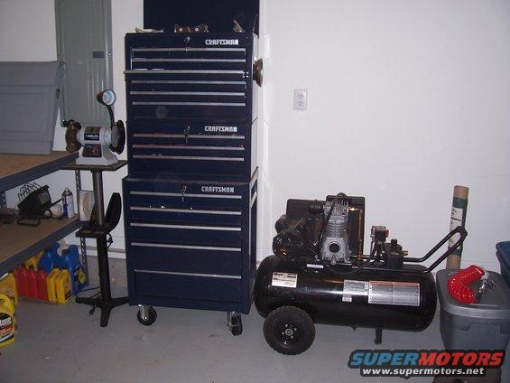 The tool chest was my gift to myself for surviving seven months in western Iraq.  I got the air compressor for $200. It's a 6hp, 25 gallon Craftsman and best of all  is it's not an oilless.