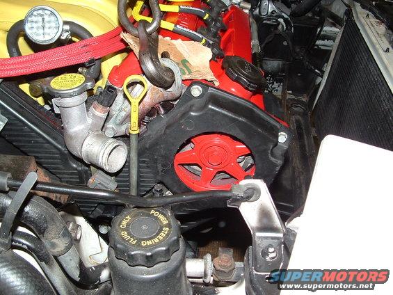 Engine bay showing red valve cover, black timing belt cover with red pulley, and power steering fluid cap