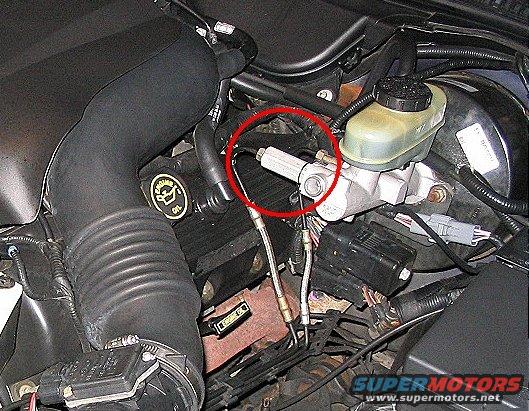 Engine bay with brake master cylinder circled in red