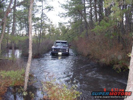 Dark pickup truck driving through shallow water in a wooded area