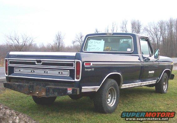 1975 Ford F-150 pickup truck, rear view. Has a 'For Sale' sign in the window