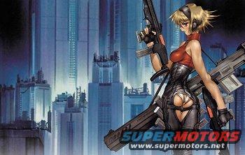 anime woman holding two large guns, futuristic city in background