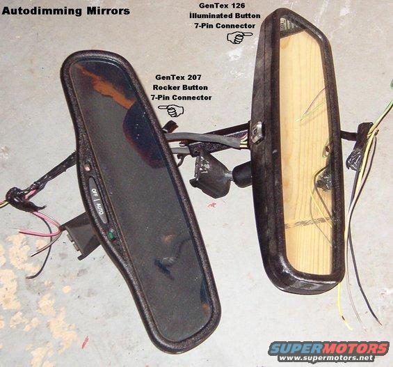 mirrorsrvdim.jpg Dimming-only mirrors, including wiring pigtail & mounting button.

[url=http://www.supermotors.net/registry/media/207947][img]http://www.supermotors.net/getfile/207947/thumbnail/rvmirrorc900.jpg[/img][/url]

The OE Bronco dimming mirror (used VERY rarely in F-series) is a 119 (F4TZ17700A) with a special 3-pin connector; not the 7-pin shown above.  The button glows green when pushed up (ON). And the 119 is 13&quot; wide instead of the normal 11&quot;.

Compare to:
http://www.mitocorp.com/flash/nightvisionsaftey_autodimmingmirrors.htm
http://www.aztrucks.com/product.asp?Product=166

If the w/s mirror button is different, see this:

[url=http://www.supermotors.net/registry/media/747795][img]http://www.supermotors.net/getfile/747795/thumbnail/mirrorbuttone6000.jpg[/img][/url]