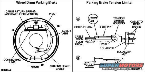 brake-parking-action.jpg Parking Brake Action
IF THE IMAGE IS TOO SMALL, click it.
The &quot;FRONT&quot; label at the bottom is wrong for fullsize trucks, whose parking brake lever is always to the REAR.

The basic components of the rear parking brake are shown in the LEFT pane. (The RIGHT pane only applies to pre-'92 trucks.)  A cable from the foot pedal or parking brake lever enters through a hole in the backing plate. It is attached to the end of the lever arm. The other end of the lever is attached to a pivot point on the primary shoe. There is a connecting link between the lever and the secondary shoe. Finally, there is a cable return spring (and rattle preventer) at the secondary shoe end of the connecting link. 

When the parking brakes are applied, the lever pivots at the pivot point on the primary shoe. Because of the connecting link between the lever and the secondary shoe, the shoes move apart as the lever is activated. The pivot point moves one way, and the connecting link the other. This pushes the shoes tight against the drum and holds the vehicle as long as tension is maintained. 

When the parking brake is released the primary and secondary return springs return the shoes to their normal position. The cable return spring pushes the connecting link back against the lever. The movement of the lever takes up any slack in the parking brake cable. 

This is just one of several systems for activating the parking brakes. Other systems use a cam-type lever located directly between the primary and secondary shoes in the vicinity of the anchor pin. 

In most Ford light trucks, the parking brakes are activated by a foot pedal. However, some motor homes and step vans use an Orscheln lever in place of the foot pedal. 

The major service concern occurs when the components fail to retract properly. This may result in brake drag, overheating and excessive lining wear. 

Proper parking brake cable tension is essential for good performance, and clean/greased drum brake hardware is critical to tension adjustment. The old way of adjusting this tension was to release the parking brake and tighten the cable manually until the brakes were just about to engage (assuming the drum mechanisms are working properly). A better way is to fully apply the parking brake and check the tension of the cable. There are two ways to do this: Using a tension gauge, or observing the &quot;bent pin&quot; automatic adjuster (pre-'92 ONLY). 

If you use a tension gauge, check the appropriate service manual for the proper tension. If you don't have a tension gauge, you can make a visual check of the &quot;bent pin&quot; connection (pre-'92) at the adjusting point in the parking brake cable. The &quot;bent pin&quot; is attached to the cable from the foot pedal by the coupling cap. The pin turns around a pivot in the tension limiter housing. The open end of the pin has a hook, as shown in the inset. This hook prevents the pin from pulling around the pivot point completely during its service life.
Apply the parking brake, making sure that the pedal is at full travel. Slightly tighten the equalizer nut. If the nail doesn't pull, the tension is not sufficient. Tightening the equalizer nut until the nail does pull will set the correct tension. Follow the instructions in the appropriate service manual.

See also:
[url=https://www.supermotors.net/registry/media/723347][img]https://www.supermotors.net/getfile/723347/thumbnail/tsb985a35ebrakecable.jpg[/img][/url] . [url=http://www.supermotors.net/registry/media/743832][img]http://www.supermotors.net/getfile/743832/thumbnail/tsb930406brakesgrab.jpg[/img][/url]