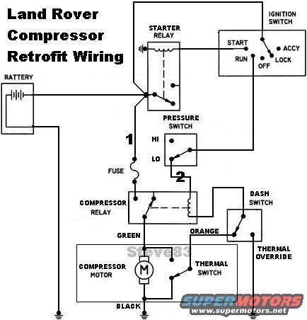 compressorcircuitlr.jpg Rover Compressor Circuit 
This circuit will cause the compressor to fill the tank up to the pressure switch's setting whenever the key is in RUN, even if the engine is not running. If the tank fills, or the compressor overheats, it will shut off. If the compressor is overheated, but the tank isn't full, switching to OVERRIDE will force the compressor to finish filling the tank. If multiple compressors are needed, wire them in parallel at points 1, 2, & ground, AND delete the dash switch & override ground wire.

This is the compressor:
[url=https://www.supermotors.net/registry/media/120600][img]https://www.supermotors.net/getfile/120600/thumbnail/air-compressor.jpg[/img][/url]

See also:

[url=http://www.supermotors.net/registry/media/849725][img]http://www.supermotors.net/getfile/849725/thumbnail/fusesblades.jpg[/img][/url] . [url=http://www.supermotors.net/registry/media/830776][img]http://www.supermotors.net/getfile/830776/thumbnail/fusiblelinkrepair.jpg[/img][/url] . [url=http://www.supermotors.net/registry/media/832986][img]http://www.supermotors.net/getfile/832986/thumbnail/bulbsfuseswire.jpg[/img][/url]

https://www.fleet.ford.com/truckbbas/non-html/1997/c37_39_p.pdf