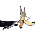 Cartoon wolf in a black suit, head turned to the right, mouth open