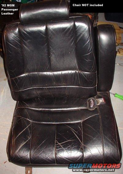 leatherbk.jpg Leather seat COVER ONLY from black '92 MGM.  VERY good used condition.  The only blemish is a small cut above the switch that's barely noticeable.  There are no tears, scratches, wear, stains, rough spots, split seams, or burns.  Only natural creasing as shown.  I'm taking the cover off the chair to put my upholstery on & install it in my car, but this leather could be installed easily on your worn chair.  Cheaper to ship this way, too.