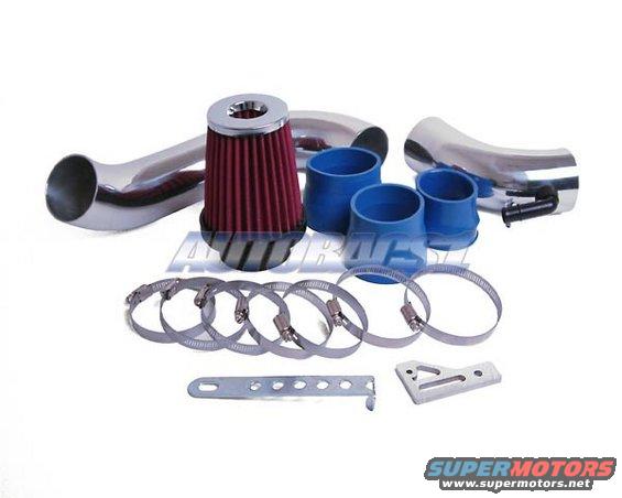 Cold air intake kit with red filter, chrome pipes, blue couplers, and hose clamps
