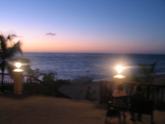 people sitting on a bench watching the ocean at sunset with palm trees and lights