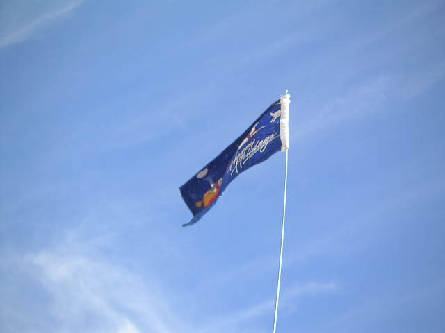 Blue flag with white lettering and cartoonish figures flying on a pole against a cloudy blue sky