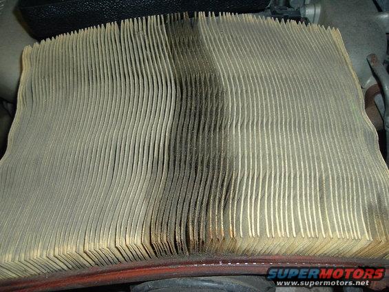 Dirty air filter with dark soot on the right half
