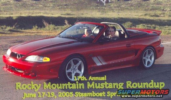 Red convertible Mustang with two people inside, driving on a road. Text overlay says '17th. Annual Rocky Mountain Mustang Roundup June 17-19, 2005 Steamboat Spr'