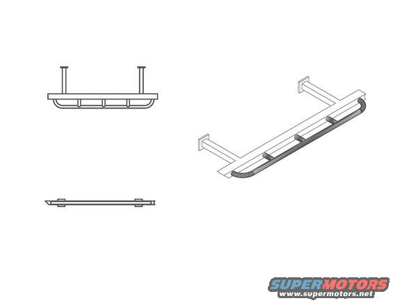 Diagrams of vehicle side steps, showing front, side, and angled views. Includes Supermotors.net logo