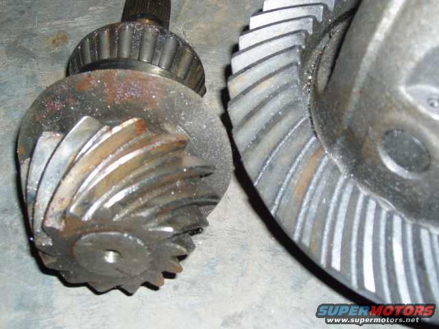 Close-up of two differential gears, one a pinion gear and the other a ring gear, showing their teeth