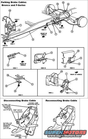 parkingbrakecables.jpg Parking Brake Cables ('92-96)
IF THE IMAGE IS TOO SMALL, click it.

Park/e-brake switch [url=https://www.amazon.com/dp/B01BTU04Q4]Standard DS3398[/url]

View Y has been revised - see the TSB linked below.

1 Control Assembly  2780
2 2 Nut M8 x 1.25 Hex Flange 17-23 N-m (13-17 Ft-Lb)  N620481-S
3 Cable Assembly, Front  2853 ([url=https://www.amazon.com/dp/B0080DCTLM]Motorcraft BRCA34[/url], [url=https://www.amazon.com/dp/B001O10374]Wagner BC132061[/url])
4 Cable Assembly, Intermediate  2A793 (Bronco [url=https://www.amazon.com/dp/B001O102S4]Wagner BC129224[/url])
5 Equalizer  2A602
6 Bracket  2530
7 Rivet  N647097-S
8 Clip, 10 x 10  N800962-S32
9 Screw, Tap 5/16-18 x 3/4 Hex Washer Head 24-30 N-m (18-22 Ft-Lb)  40949-S2
10 Cable and Conduit Assembly, Right [url=https://www.amazon.com/dp/B000O0JY80]F6TZ-2A635-BB[/url]  ([url=https://www.oreillyauto.com/detail/b/motorcraft-4335/brake-systems-16456/brake-hardware-16511/parking-brake-cable-12842/e9110ce1d739/motorcraft-parking-brake-cable/brca264/4482516]Motorcraft BRCA264[/url], [url=https://www.amazon.com/dp/B001O0Y2OK]Wagner BC132090[/url] / BC94490)
11 Cable and Conduit Assembly, Left [url=https://www.amazon.com/dp/B000O0LWLW]F6TZ-2A635-BA[/url] ([url=https://www.oreillyauto.com/detail/b/motorcraft-4335/brake-systems-16456/brake-hardware-16511/parking-brake-cable-12842/e9110ce1d739/motorcraft-parking-brake-cable/brca263/4482515]Motorcraft BRCA263[/url], [url=https://www.amazon.com/dp/B001O0Y2OA]Wagner BC132089[/url])
12 Clip  N804729-S11 or N807947-S100 
13 Screw and Washer 5/16 x 18 x .50 Hex Head 17-23 N-m (13-17 Ft-Lb)  57632-S2
14 Steering Column Support  3B139

Park Brake Cable Removal
1.Remove the left kick panel.
2. Disconnect the parking brake indicator light switch connector at the control assembly.
3. Remove the three nuts holding the control assembly to the steering column support. Pull the control assembly away from the steering column support.
4. Relieve tension on the parking brake system by having an assistant pull on the intermediate cable until all cable is unwound from the control assembly.
5. Insert a 5/32-inch drill bit or equivalent into the hole provided in the control assembly.
6. Disconnect the front cable from the cable connector.
7.Disconnect the barrel end of the cable from the control assembly.
8.Disconnect the cable conduit from the control assembly by inserting a 1/2-inch 12-point box end wrench over the conduit snap fitting to compress the retaining fingers and backing out the snap fitting.

Installation
1. Route the cable end fitting over the cable shoe. Snap the conduit fitting into the control assembly housing. Insert the barrel end into the hole in the track.
2. Position the control assembly to the steering column support and install the three retaining nuts. Tighten to 17-23 N-m (13-17 ft-lb).
3. Connect the front cable to the cable connector.
4. Connect the parking brake indicator light switch connector.
5. Carefully remove the drill bit from the control assembly.  NOTE: The control assembly will tension itself when the drill bit is removed.
6. Operate the parking brake pedal several times. Rotate both rear wheels to be sure that the parking brakes are not dragging.
7. Install the left kick panel.
________________________________________________________________________________________________

TSB 00-01-03  PARKING BRAKE - PROCEDURE FOR SERVICING PARKING BRAKE - SERVICE TIP - BRONCO AND F-SERIES BUILT THROUGH 4/22/1994 AND EXPLORER/RANGER BUILT THROUGH 5/13/1994 
 
Publication Date: DECEMBER 22, 1999  

FORD:  1992-94 BRONCO, F-150-350 SERIES 
1993-94 EXPLORER, RANGER

ISSUE: When servicing the parking brake or service brake systems where the lock-in wedge has been installed in the parking brake control, additional service procedures will be necessary.

ACTION: When a lock-in wedge part has been previously installed in the parking brake control assembly, it must be removed prior to conducting maintenance procedures from the appropriate Service Manual, Sections 06-04 (Rear Drum Brakes) and 06-05 (Parking Brake System). The wedge must be reinstalled after service is completed. Refer to Service Recall Bulletin 94S91-S3 for lock-in wedge part removal and installation detailed service procedures, part numbers, and diagrams. Be sure to inspect the wedge for damage. If any part of the wedge is broken or damaged, install a new wedge.

OTHER APPLICABLE ARTICLES: 94S91-S3
WARRANTY STATUS: INFORMATION ONLY

See also:
[url=https://www.supermotors.net/registry/2742/54322-4][img]https://www.supermotors.net/getfile/470446/thumbnail/fsa94s91ebrakewedge4.jpg[/img][/url] . [url=https://www.supermotors.net/registry/media/723347][img]https://www.supermotors.net/getfile/723347/thumbnail/tsb985a35ebrakecable.jpg[/img][/url]