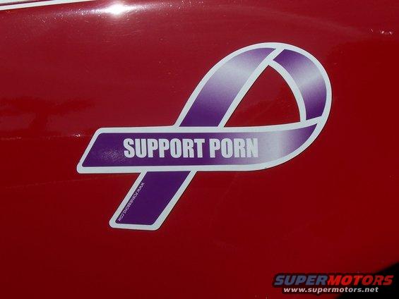 Red car side panel with a purple ribbon sticker reading "SUPPORT PORN" and a small "www.PORNBONS.COM" text