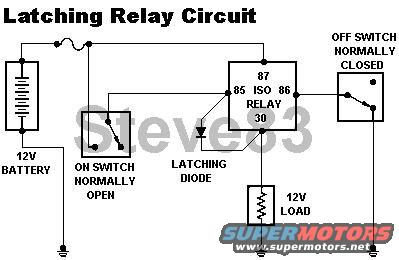 latchingrelay.jpg Latching Relay
ERROR: 85 & 86 should be reversed

A simple circuit that can be used for a variety of applications.  If the diode is replaced with a wire, the circuit will still work, but if the relay contacts ever fail, the ON switch will carry all the current to the load while it's pressed.

The 2 switches can be replaced with a DPDT momentary up-down switch, or existing switches in other circuits could be used.

For example, the ON switch might be the START circuit of the ignition switch; the OFF switch might be the RHR power window switch; and the load might be an auxilliary horn.  If the vehicle is ever started without the RHR window switch in the correct position, the auxilliary horn would latch on as a theft alarm until the RHR window switch is pressed.  Since window power is disabled during starting, the circuit wouldn't backfeed if the switch is held during cranking.