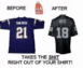 1980 Ford Bronco - Comparison of two football jerseys, showing a 'before' and 'after' state with a slogan about cleaning.