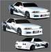 1999 Ford Taurus - Two white sports cars with racing decals are shown from a 3/4 front view.