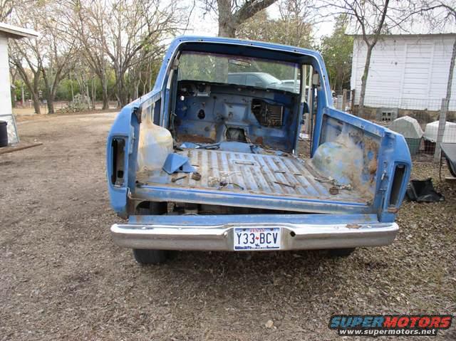 1978 Ford Bronco rear view, blue, bed removed, showing interior cab and tailgate