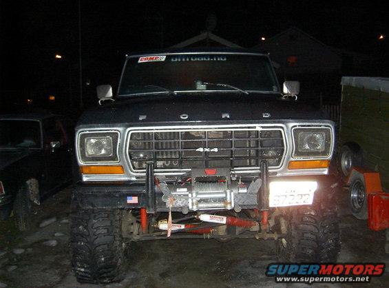 Black 1979 Ford Bronco front view with winch and off-road tires
