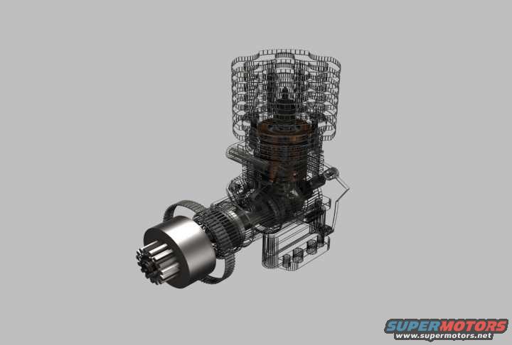 Wireframe diagram of an engine part with a splined shaft