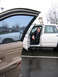 1999 Ford Crown Victoria - A person sits in a white 1999 Ford Crown Victoria with the driver's door ajar on a rainy day.