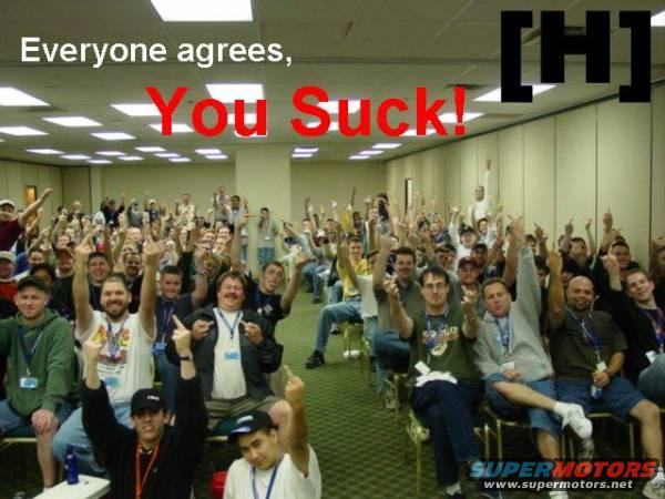 Crowd with hands raised, text "Everyone agrees, You Suck!"