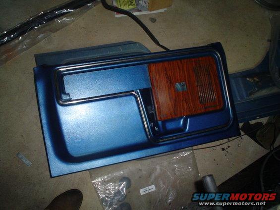 Blue door panel with wood grain insert and chrome trim