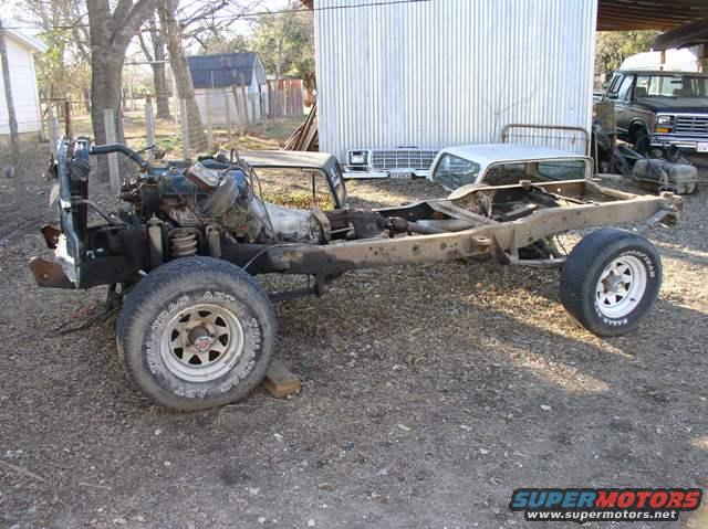 1978 Ford Bronco chassis with engine, transmission, and front suspension; right side view