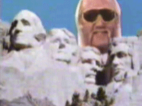 Hulk Hogan's face is superimposed over Mount Rushmore