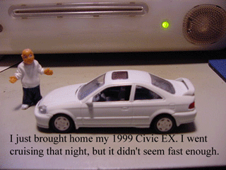 White model car with sunroof, next to a small figure