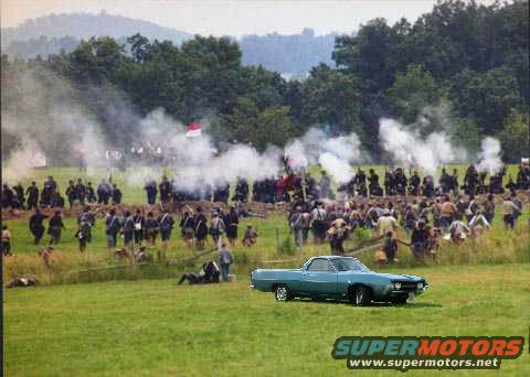 Teal 1979 Ford Ranchero in a field with Civil War reenactors in the background