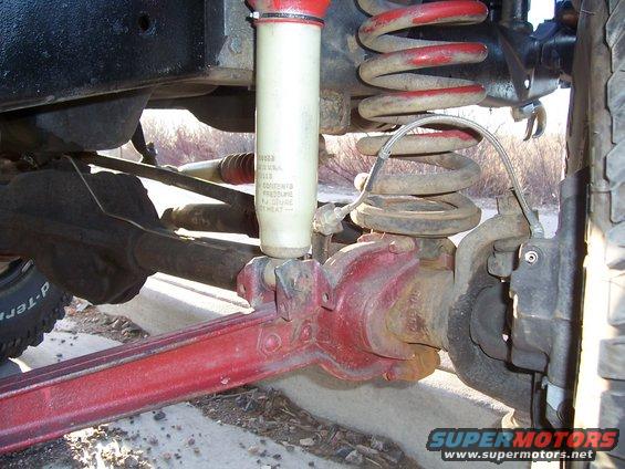 Close-up of red suspension components and shock absorber