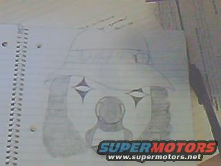 Drawing of a clown face on notebook paper with Supermotors logo