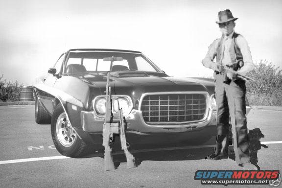 1972 Ford Ranchero front view with man holding rifles
