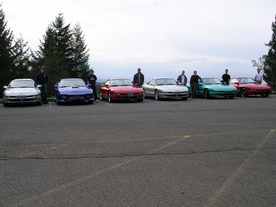 Six Ford Probe cars parked in a lot, some with people standing nearby. Cars are silver, blue, red, and green