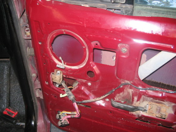 1991 Ford Bronco interior door panel, red, speaker cutout, wiring