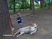 1996 Ford Mustang - A dog rests on its back while a child stands nearby in a wooded outdoor setting.