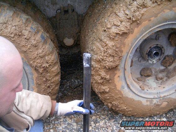 Guy in gloves with a metal rod near the muddy wheels of a large vehicle