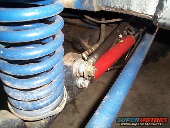 Blue coil spring and red shock absorber on vehicle suspension