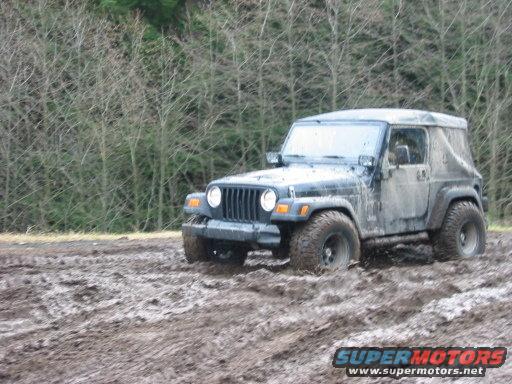 Mud-covered Jeep Wrangler stuck in thick mud, trees in background